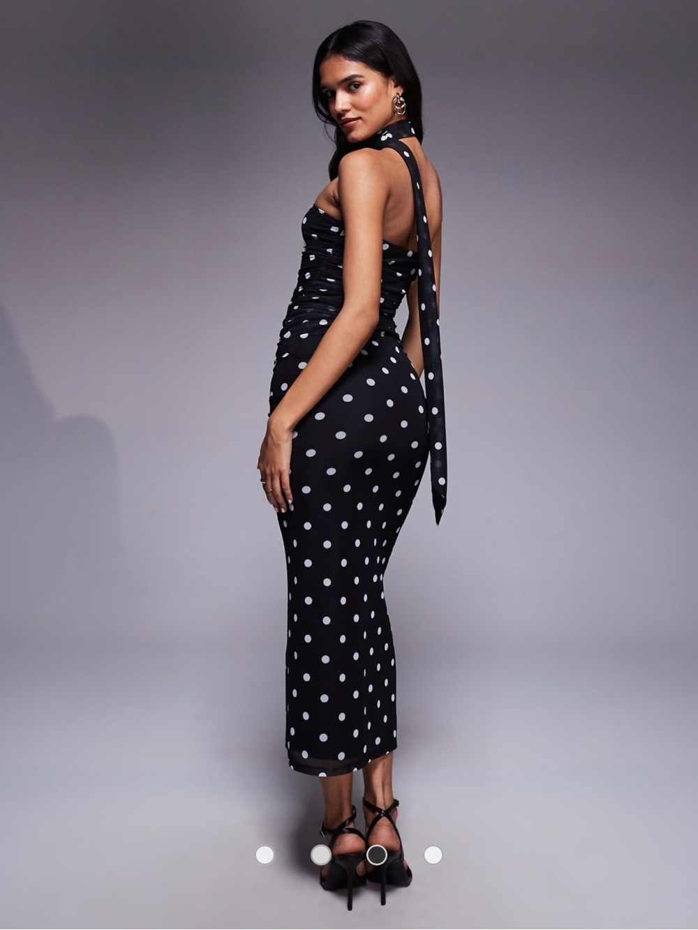 ASOS Black Polka Dot One-Shoulder Drape Midi Dress size small #1287 - Picture 2 of 6